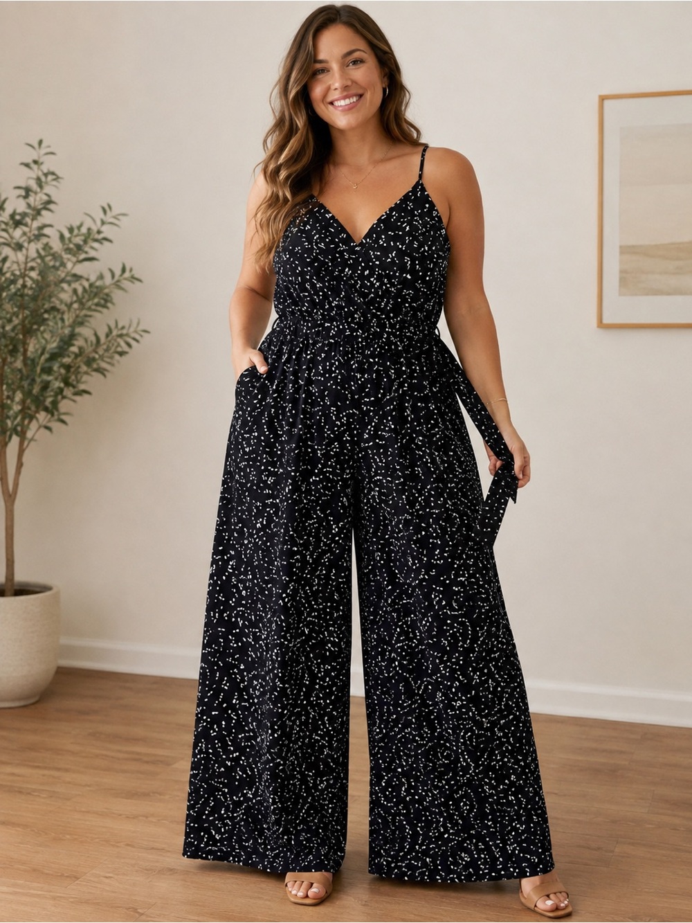 Kaileigh Women’s XL Black White Print Wide Leg Jumpsuit Tie Waist